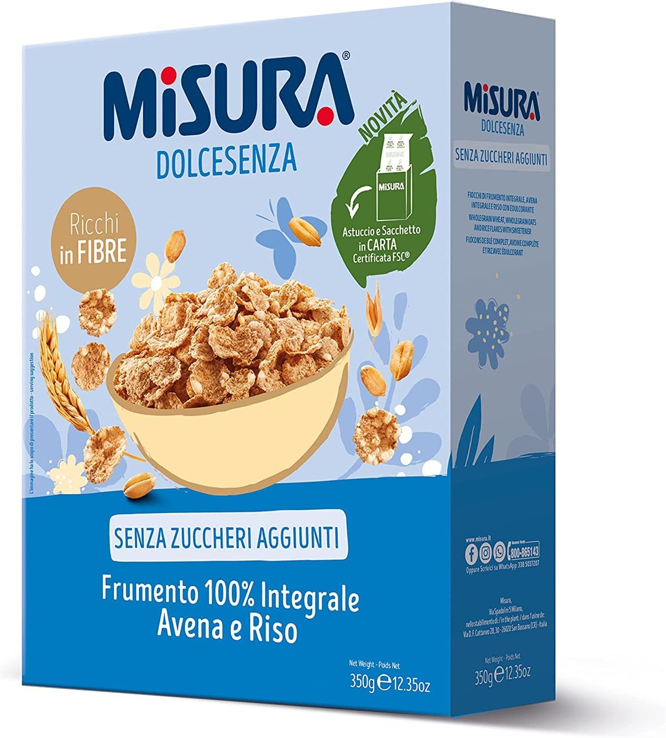 Misura Cereali Dolcesenza Fiocchi di Frumento 100% Integrale Avena Riso 350g