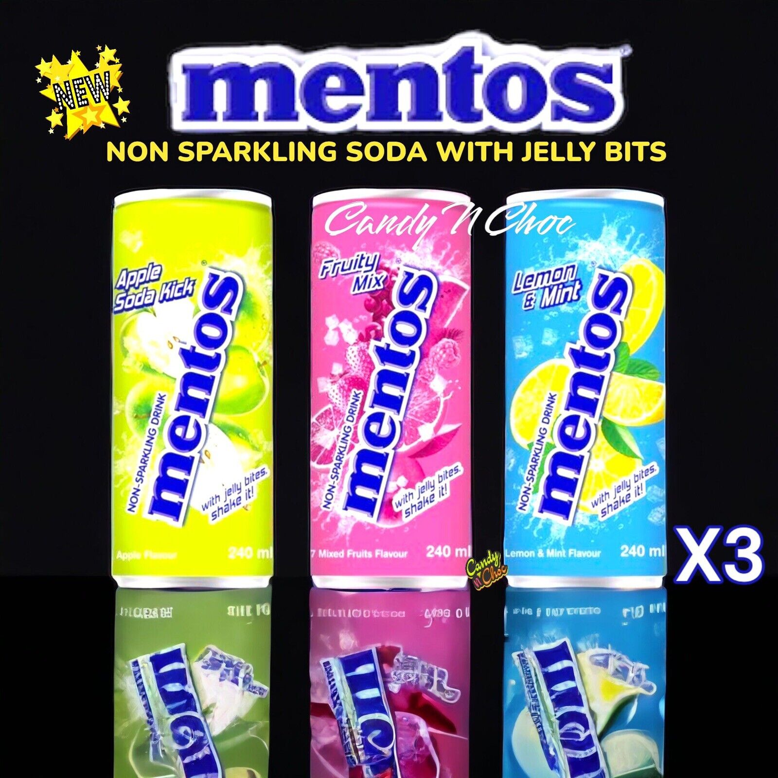 Mentos Drink Soda Mix di Bevande Non Frizzanti al Gusto di Mela, Frutti Misti e Limone e Menta