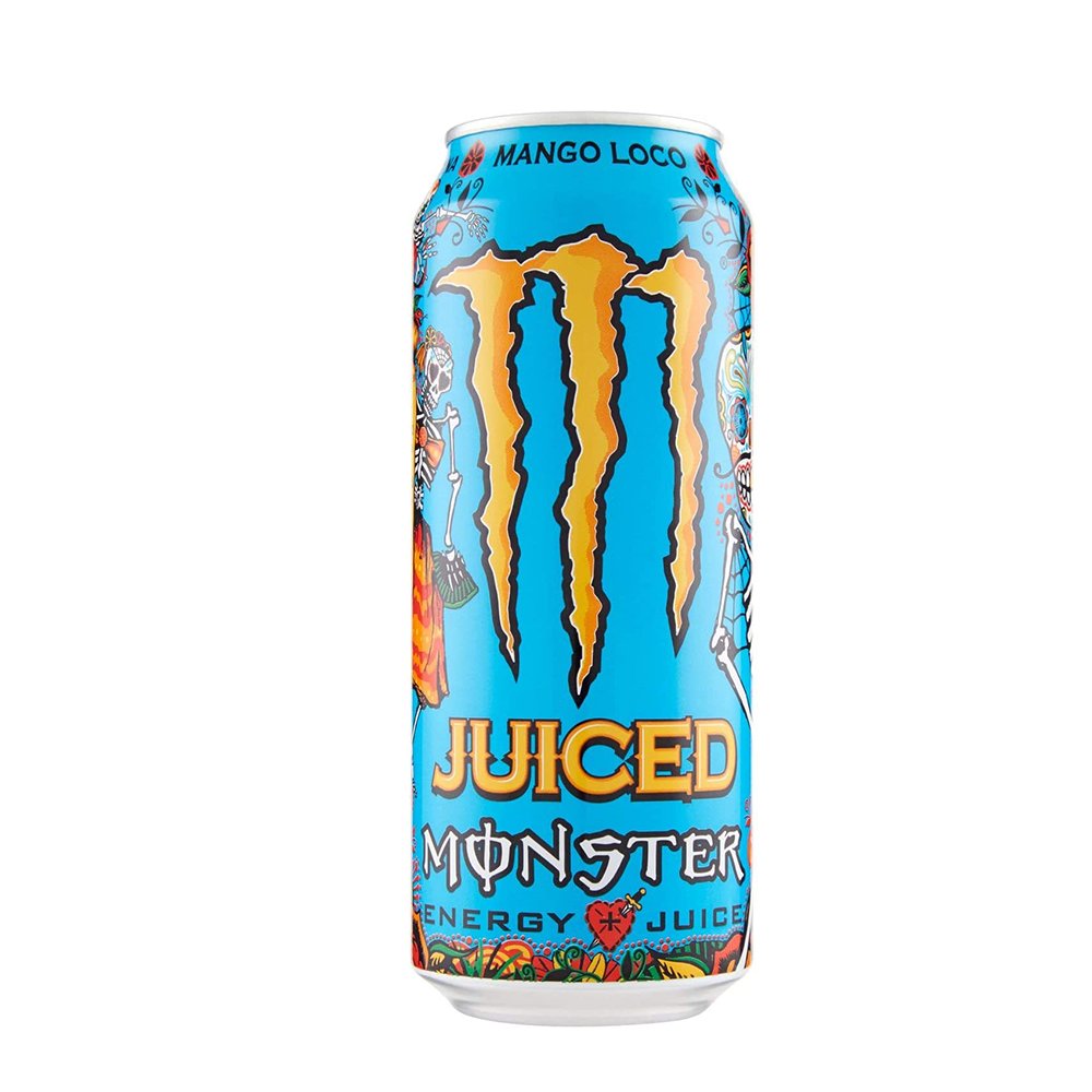 Monster Energy Mango Loco – Lattine da 500 ml, Energy Juice con Taurina, L-carnitina, Inositolo e Vitamine del Gruppo B, Bevanda Energetica dal Gusto Esotico di Mango