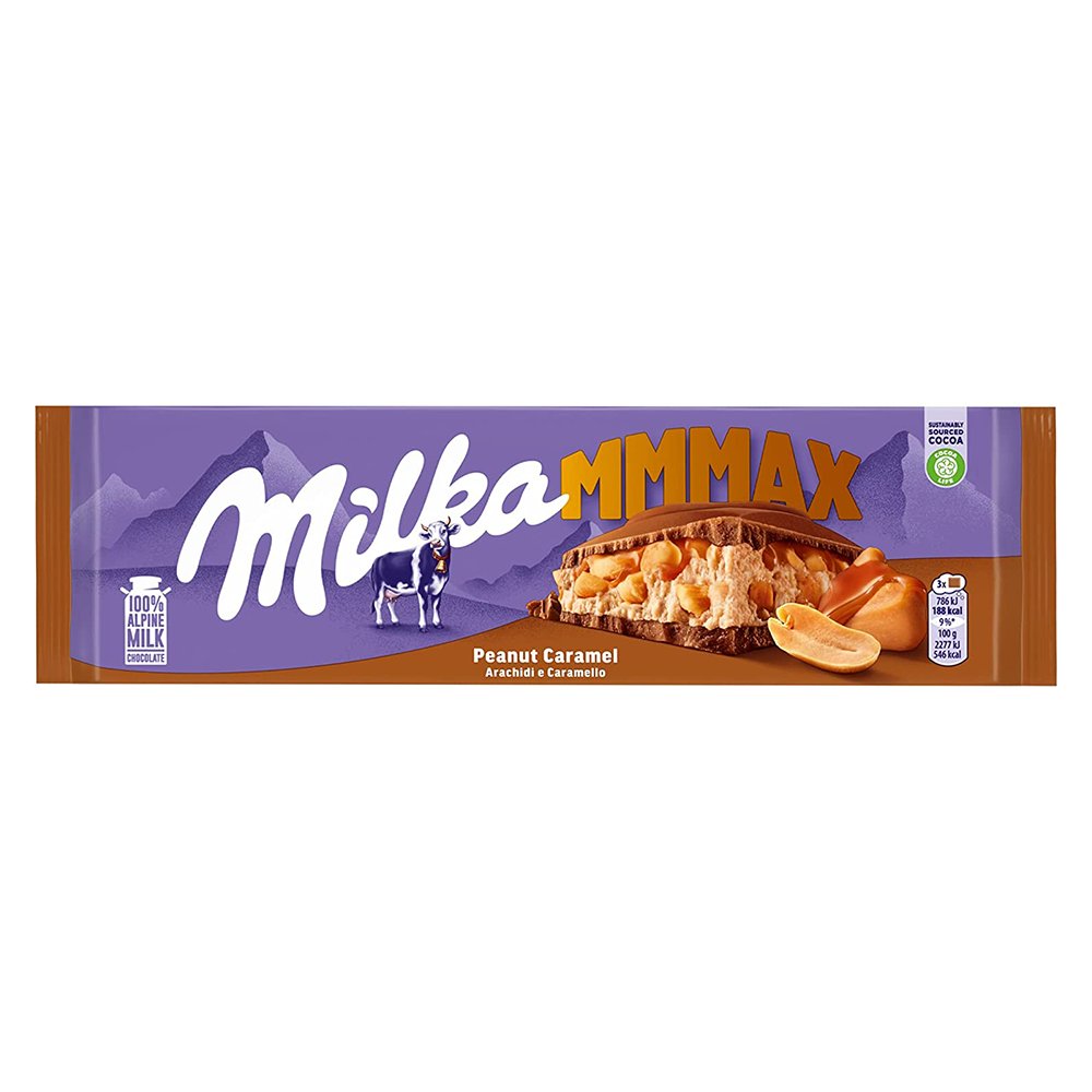 Milka Mmmax Maxi 3 Tavolette di Cioccolato al Latte 100% Alpino con Arachidi e Caramello - 276g