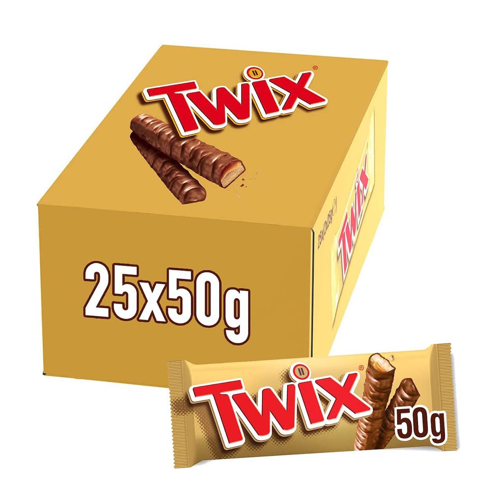 Twix, Barretta Snack con Biscotto Gustoso e Croccante Con Caramello Ricoperto di Cioccolato al Latte, 25 barrette x50g