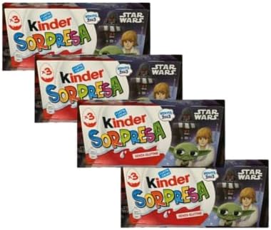 4X Confezione Per Kinder Sorpresa Star Wars, Set 4 Confezioni da 3 Uova di Cioccolato al Latte, Senza Glutine, con Sorpresa Star Wars, 60g per Confezione