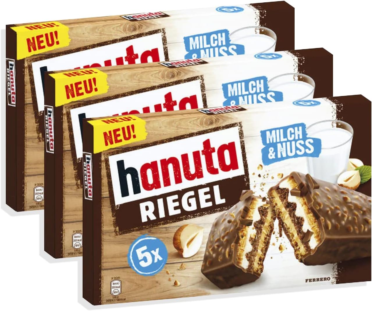 3X Ferrero - Hanuta Riegel 172,5 g - Wafer al Cacao Ripieno di Crema al Latte e alle Nocciole